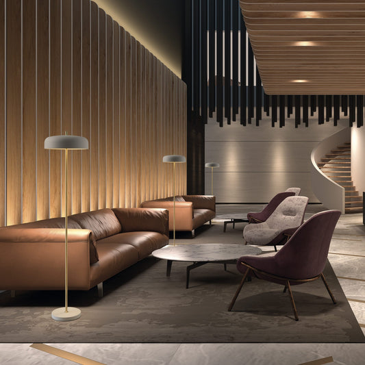 Lampadaire design Taichi F en acier doré et diffuseur opalin