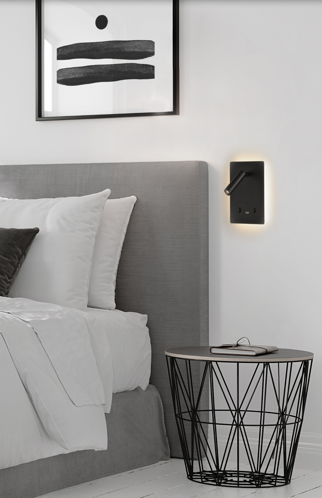 Applique murale 2-en-1 avec spot orientable, port USB intégré et rétroéclairage doux. Idéale pour la lecture et la détente, elle allie confort, praticité et ambiance apaisante pour un espace nuit parfaitement harmonieux.