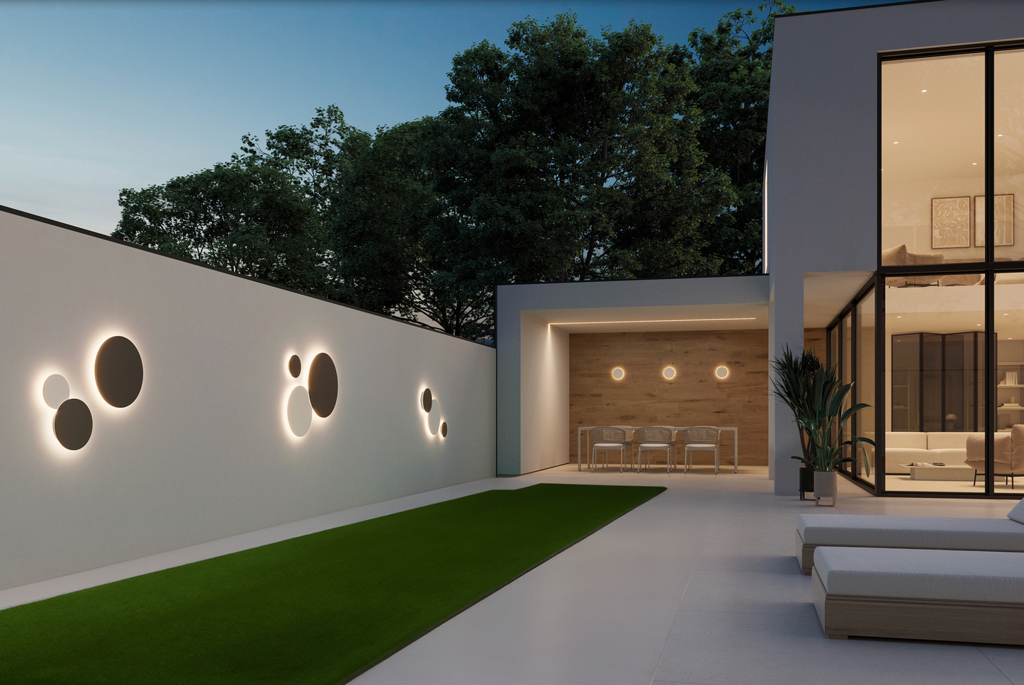 Applique murale Combo XL au design architectural et audacieux, composée de cercles lumineux diffusant une lumière douce et immersive, idéale pour sublimer les grands espaces intérieurs ou extérieurs avec élégance et caractère.