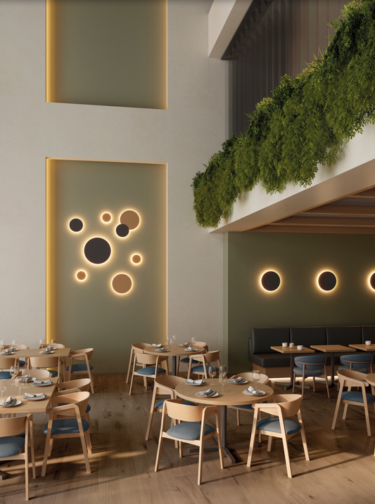 Applique murale Combo XL au design architectural et audacieux, composée de cercles lumineux diffusant une lumière douce et immersive, idéale pour sublimer les grands espaces intérieurs ou extérieurs avec élégance et caractère.