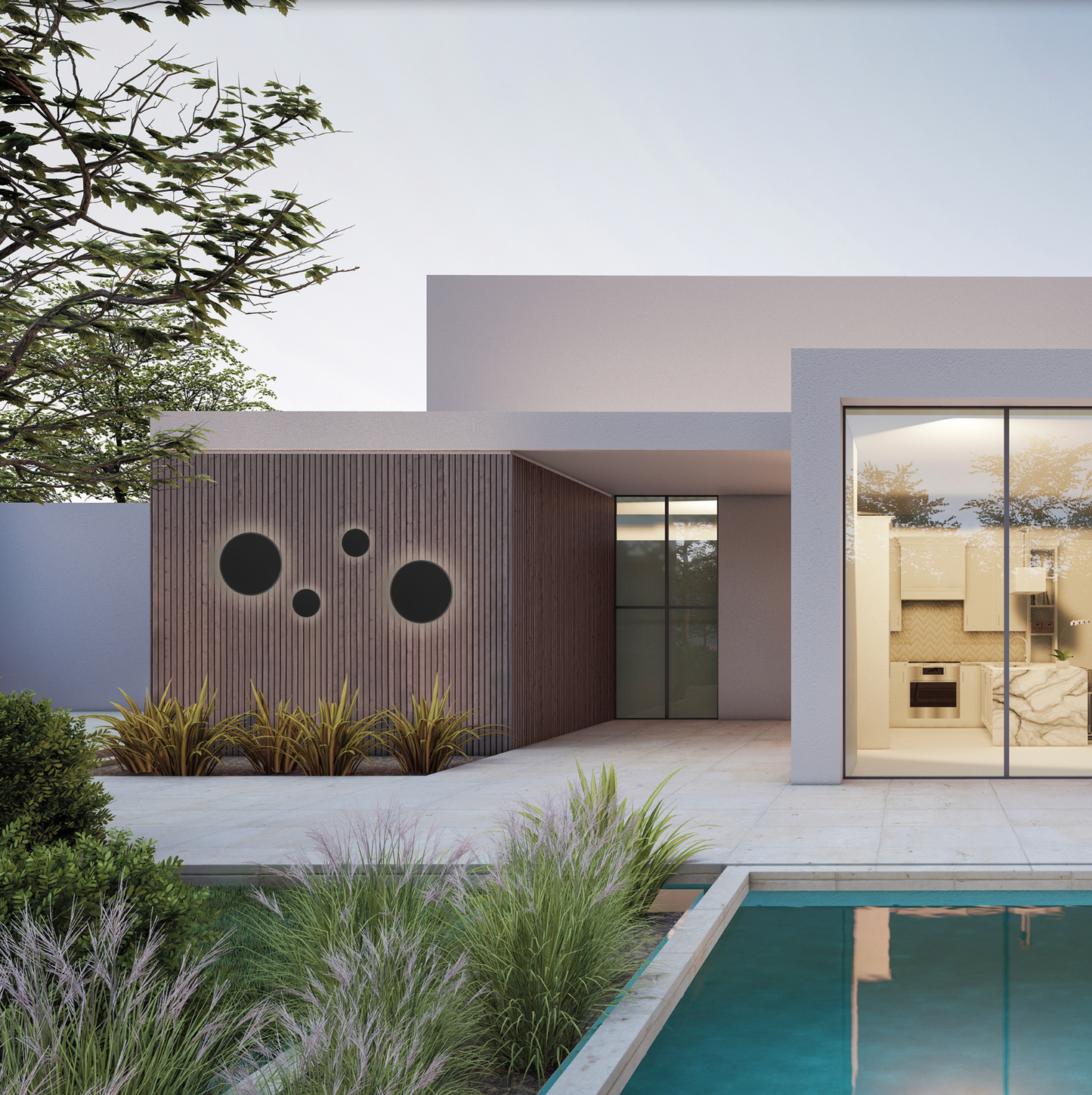 Applique murale Combo XL au design architectural et audacieux, composée de cercles lumineux diffusant une lumière douce et immersive, idéale pour sublimer les grands espaces intérieurs ou extérieurs avec élégance et caractère.