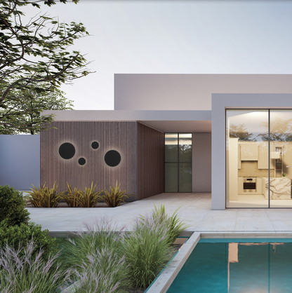 Applique murale Combo XL au design architectural et audacieux, composée de cercles lumineux diffusant une lumière douce et immersive, idéale pour sublimer les grands espaces intérieurs ou extérieurs avec élégance et caractère.