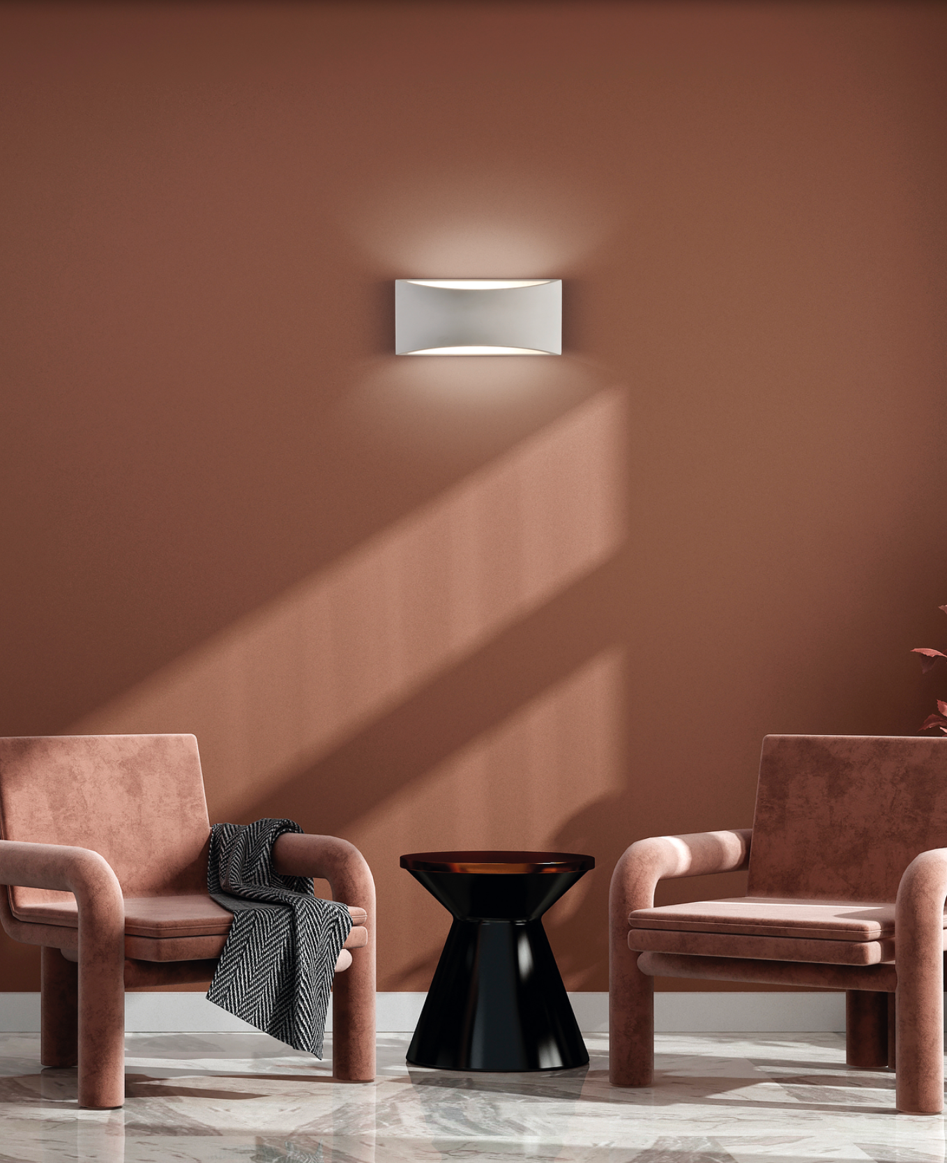 Applique murale Dana au design minimaliste, diffusant une lumière douce vers le haut et le bas pour un effet bain de lumière apaisant, idéale pour structurer l’espace avec élégance et discrétion.