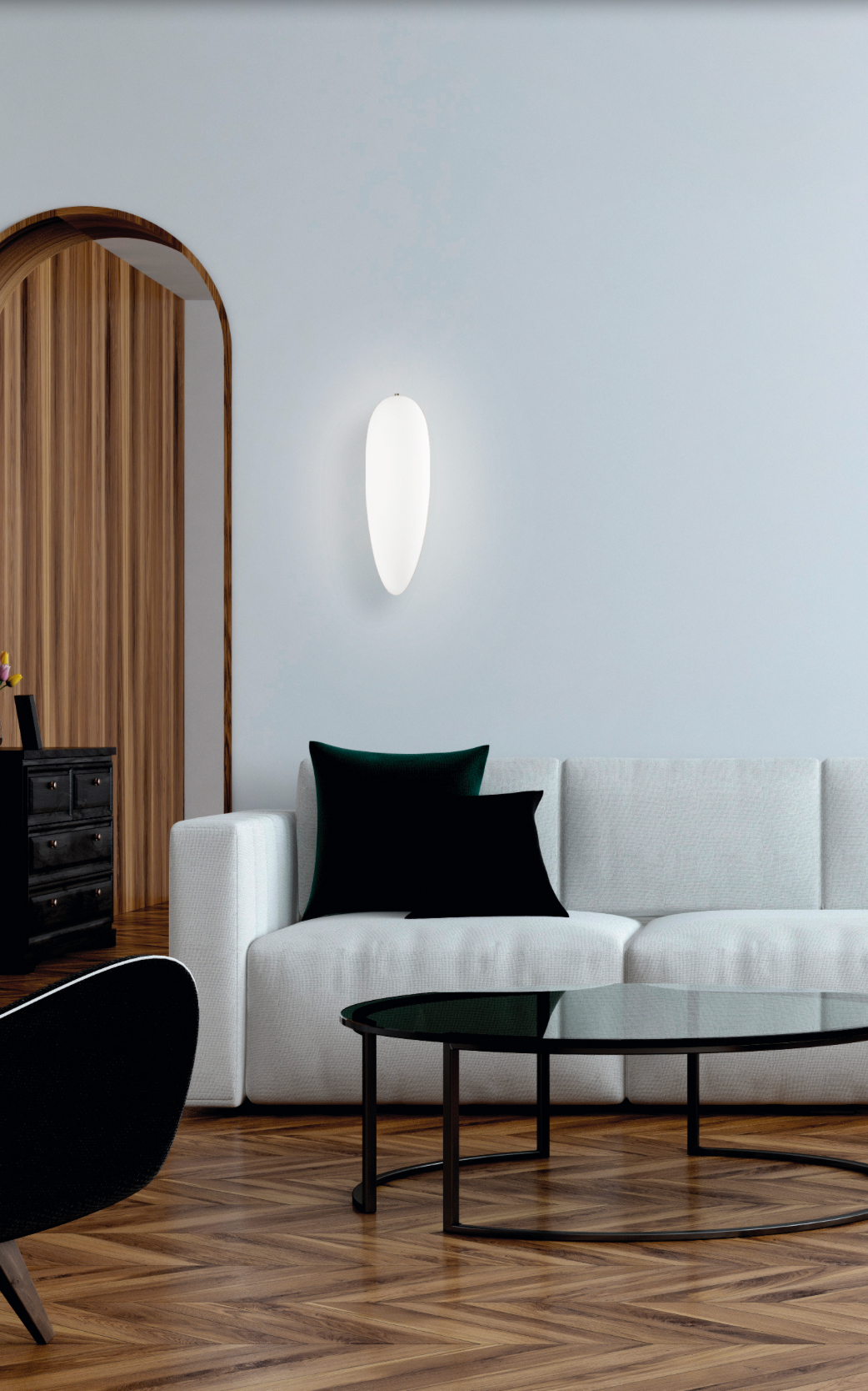 Applique murale Dora à la forme ovale et au design moderne, diffusant une lumière douce et continue pour une ambiance chaleureuse et naturelle dans toutes les pièces de la maison.