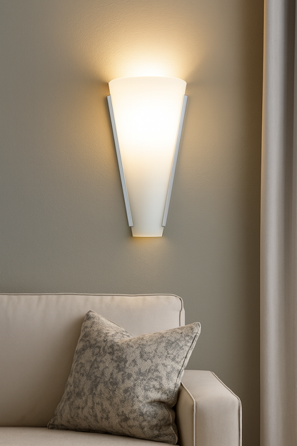 Applique murale LED blanche et argentée au design conique, installée dans un salon moderne. Diffuse une lumière douce et homogène, parfaite pour une ambiance élégante et apaisante.