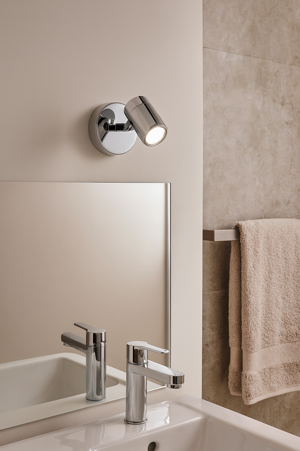 Applique murale LED chromée orientable, en acier et verre, installée près d’un miroir de salle de bain. Éclairage directionnel à lumière blanche froide de 4000K, au design moderne et élégant.