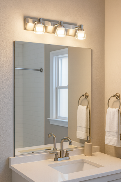 Applique murale LED en acier avec trois diffuseurs en verre orientables, installée au-dessus d’un miroir de salle de bain moderne. Éclairage élégant et homogène idéal pour les maisons et hôtels.