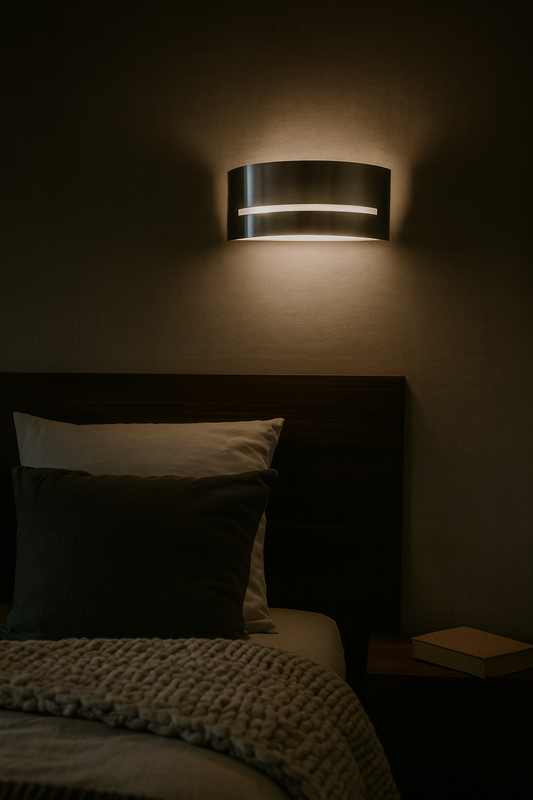 Applique murale LED en aluminium brossé avec design ondulé, diffusant une lumière directe et indirecte. Idéale pour les intérieurs modernes d’hôtels ou de maisons.