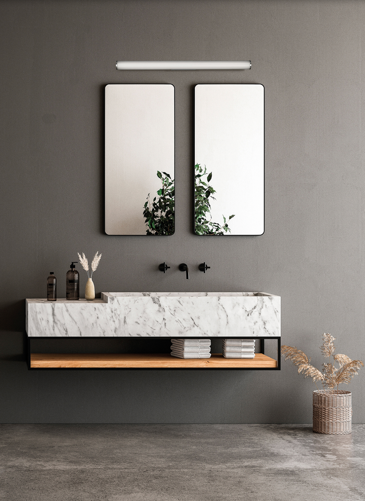 Applique murale Sara au design horizontal et finition opale, diffusant une lumière douce et modulable, idéale pour un éclairage élégant et apaisant dans la salle de bain.