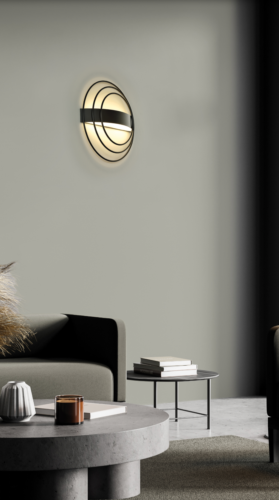 Applique murale au design contemporain composée de trois anneaux superposés, diffusant une lumière douce et réglable vers le haut et le bas, idéale pour créer une ambiance apaisante et élégante à toute heure.