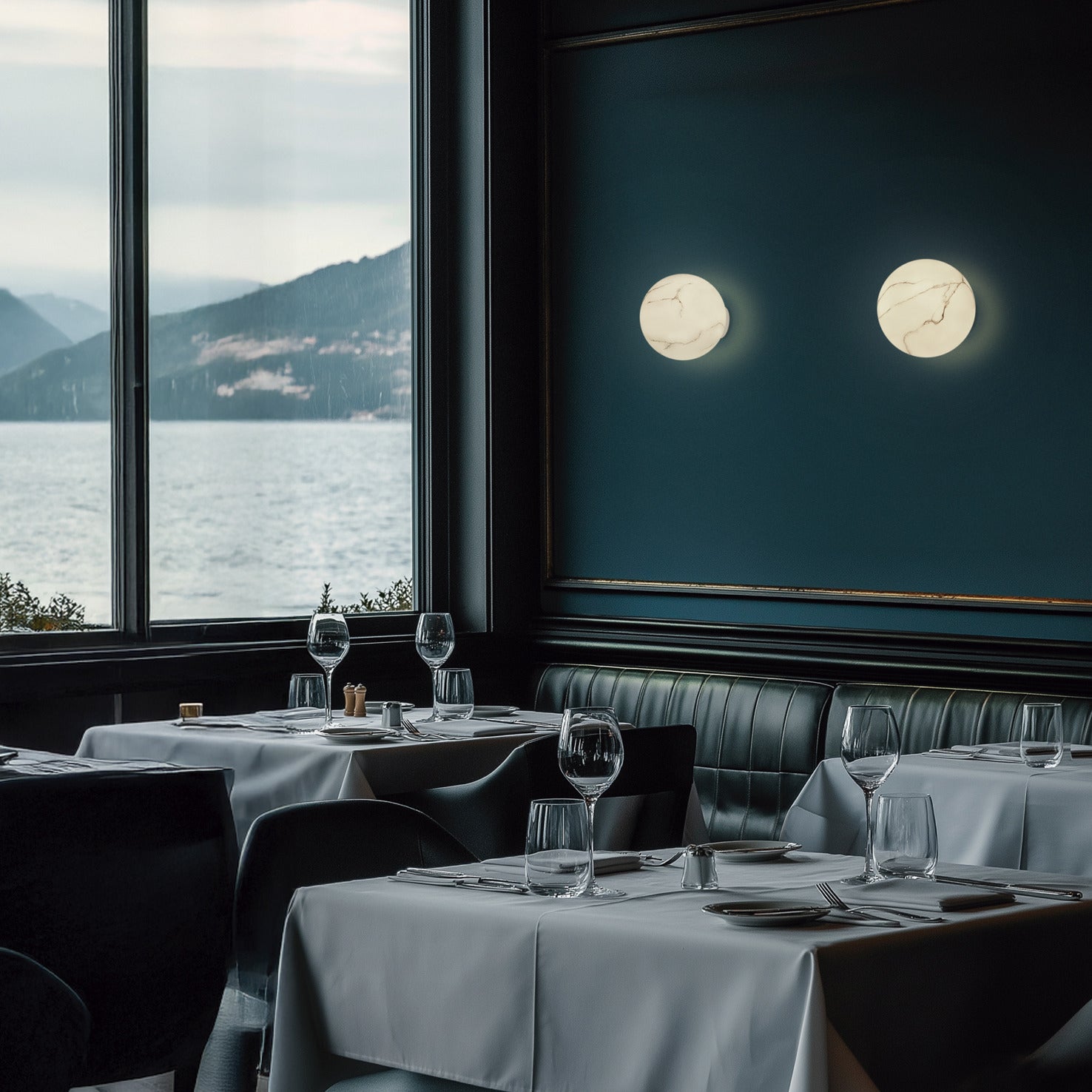 Applique murale Oxy avec globe en imitation albâtre et base blanche, design élégant et lumineux pour intérieur moderne.