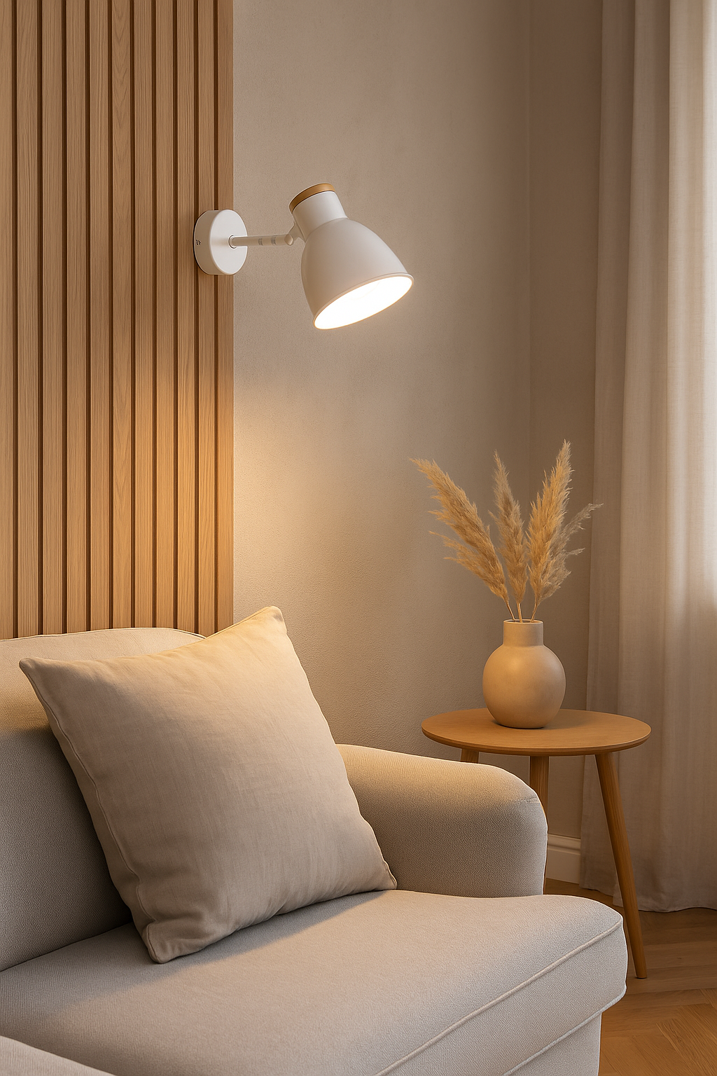 Applique murale Valan blanche avec détail en bois, installée dans un coin de lecture au style scandinave et lumineux.