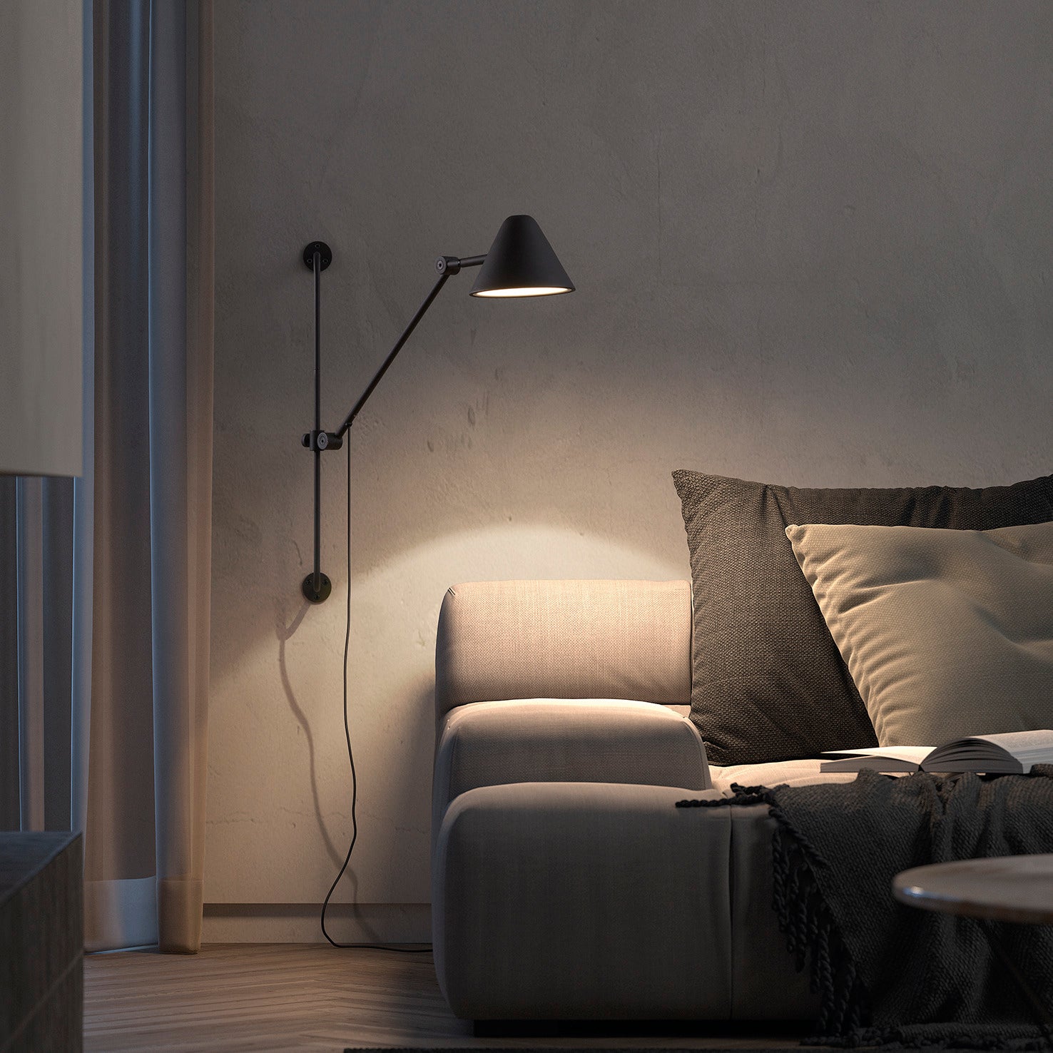 Applique murale à bras articulé noir en acier, LED orientable, idéale pour lecture ou éclairage de tête de lit.