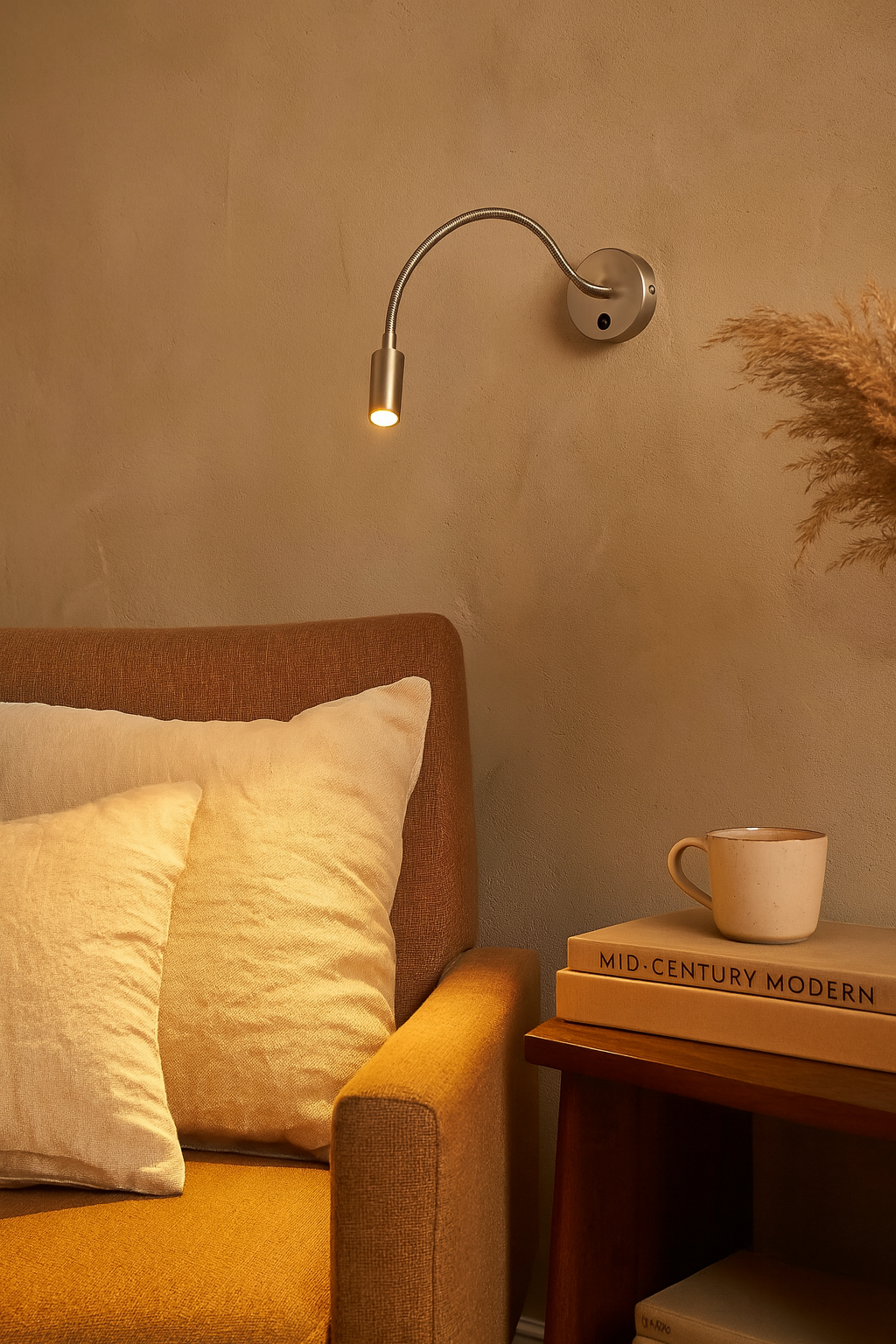 Applique murale à bras flexible en nickel satiné, éclairage chaud dirigé, mise en scène dans un coin lecture cosy avec fauteuil et livres.