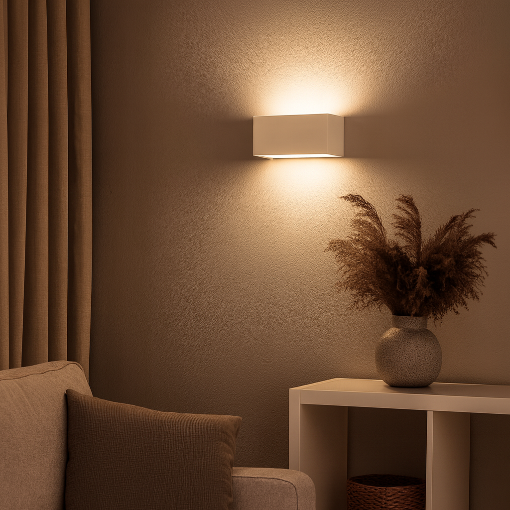 Applique murale cubique blanche en aluminium avec diffuseur en verre mat, diffusant une lumière douce vers le haut et le bas. Idéale pour les salles de bain, couloirs ou espaces modernes.