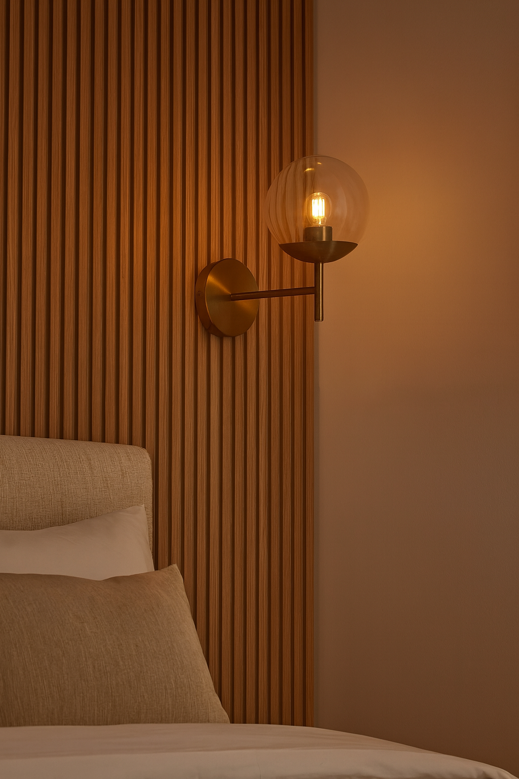 Applique murale design en acier doré avec globe en verre transparent, issue de la collection Oxy, idéale pour les intérieurs élégants et contemporains.