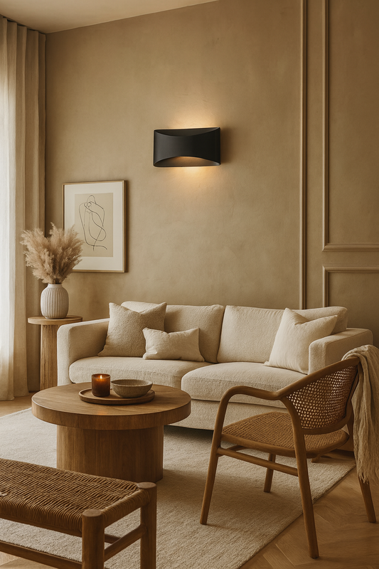 Applique murale design en acier noir à éclairage LED up&down, idéale pour les intérieurs modernes résidentiels et hôteliers.