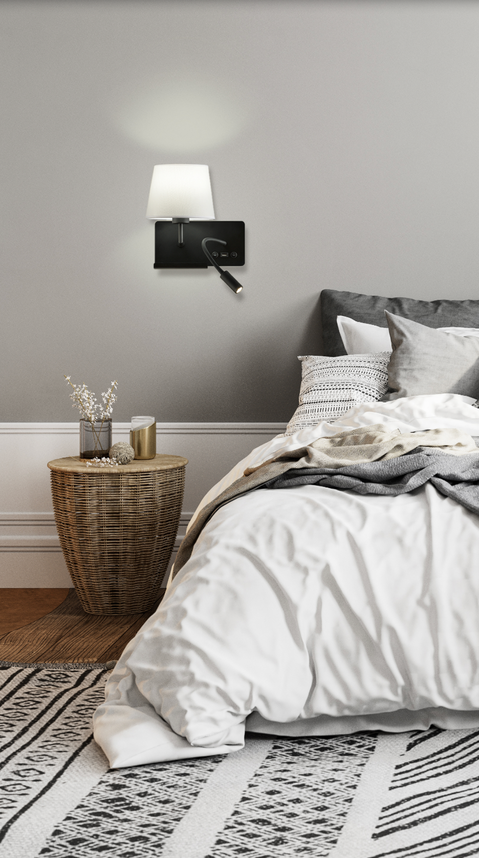 Applique murale alliant design noir texturé et abat-jour foncé. Éclairage réglable, ports USB et USB-C intégrés pour un confort moderne et fonctionnel. Un luminaire élégant qui s’adapte à votre rythme et sublime votre intérieur.