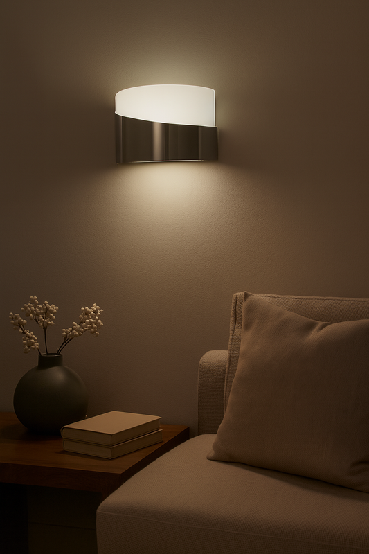 Applique murale en acier finition chrome, combinant design moderne et éclairage doux. Idéale pour les salons, chambres ou hôtels, offrant un éclairage fonctionnel et élégant.