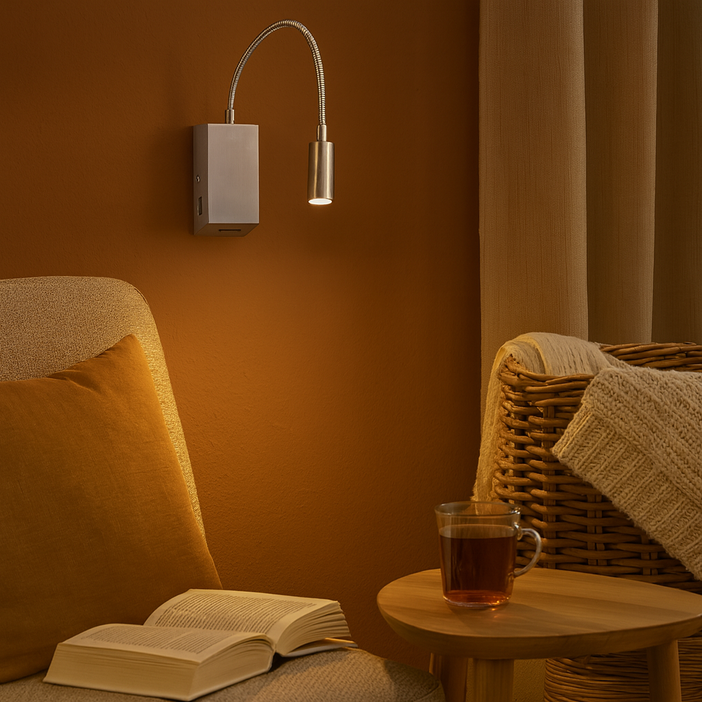 Applique murale en nickel satiné fixée au mur d’une chambre cosy, diffusant une lumière chaude sur un livre ouvert. L’ambiance est douce et apaisante, idéale pour un coin lecture élégant.