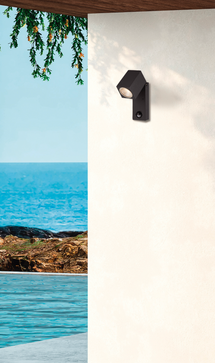 Applique murale extérieure Cala avec détecteur de mouvement, spot LED orientable au design discret, offrant une lumière chaude et sécurisante jusqu’à 8 mètres de portée.