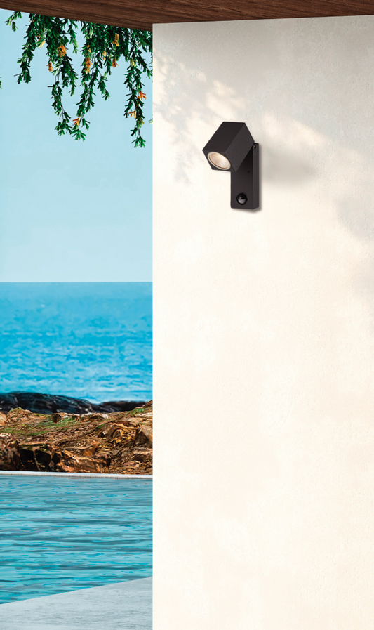 Applique murale extérieure Cala avec détecteur de mouvement, spot LED orientable au design discret, offrant une lumière chaude et sécurisante jusqu’à 8 mètres de portée.