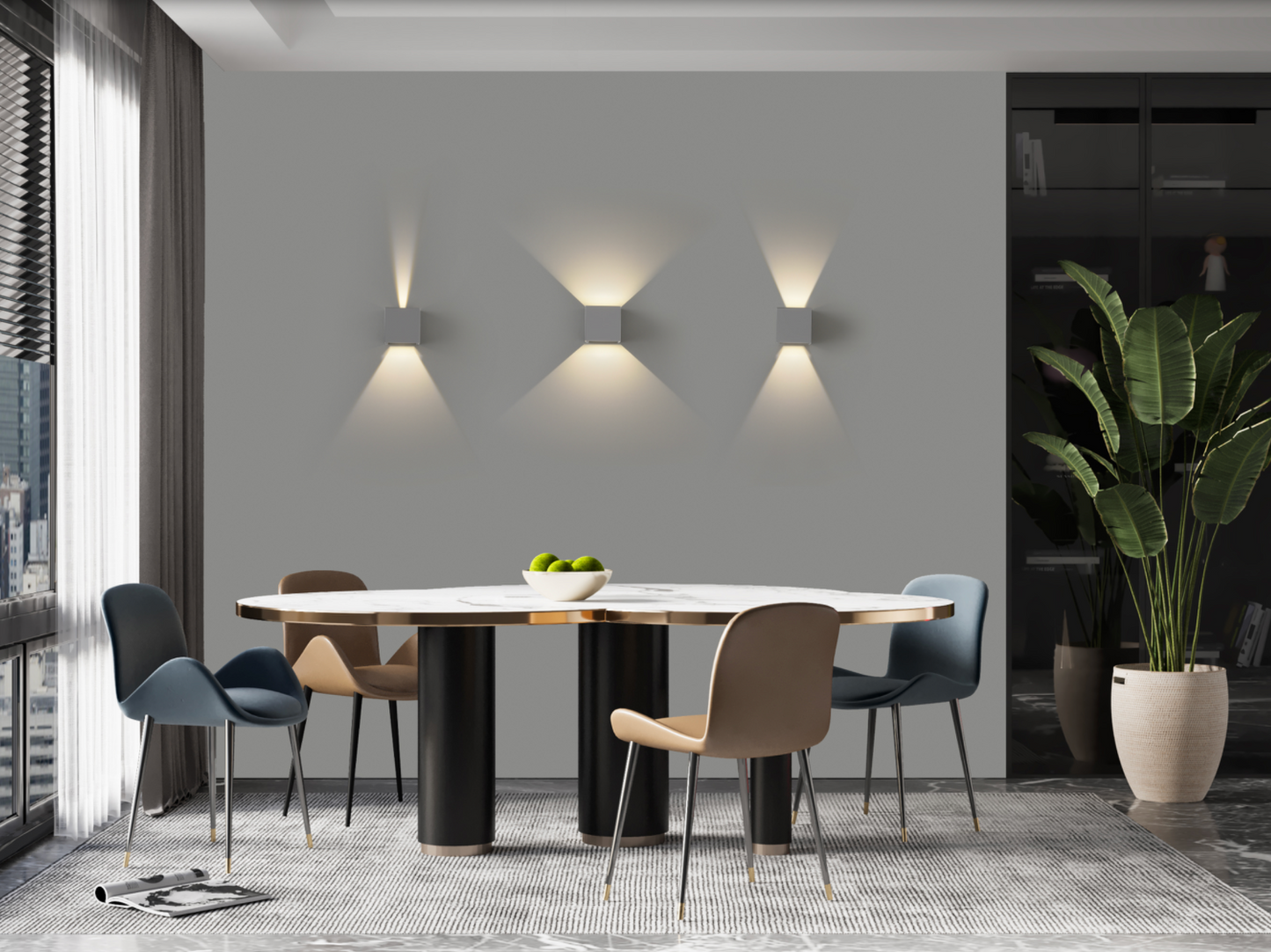 Applique murale extérieure Kendo au design compact et moderne, diffusant une lumière chaude à double faisceau pour un éclairage doux, rassurant et architectural de vos façades et terrasses.