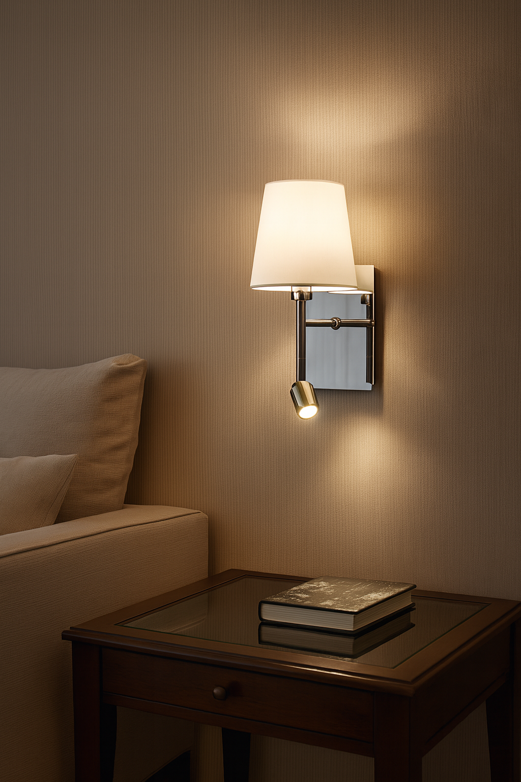 Applique murale élégante en acier avec abat-jour en coton blanc et bras LED orientable. Installée près d’un lit, elle diffuse une lumière douce et chaleureuse idéale pour la lecture et la détente.