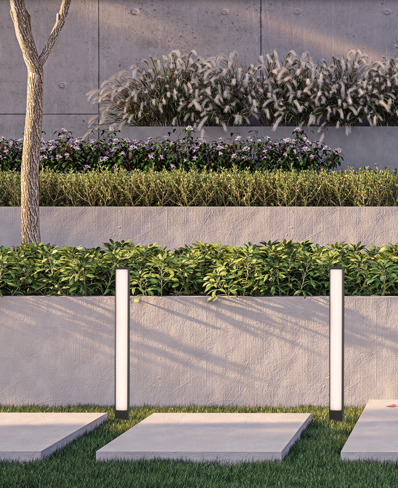 Borne lumineuse extérieure Adhara anthracite texturée, design moderne et durable, 6W LED intégrée, diffusant une lumière douce et chaleureuse résistante aux intempéries IP65.