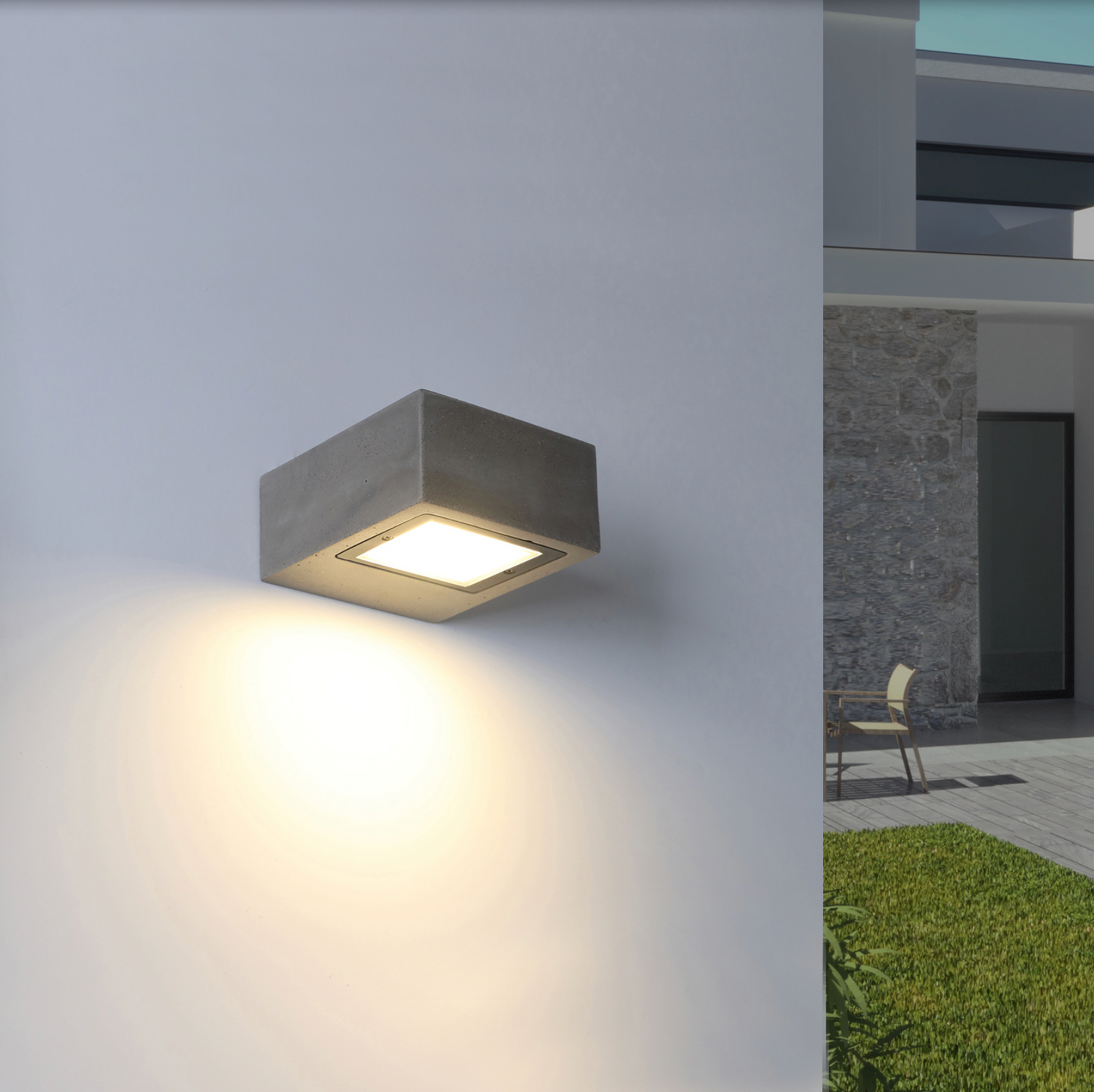 Borne lumineuse extérieure Izar en finition gris ciment, design moderne et épuré, diffusant une lumière douce et chaleureuse résistante aux intempéries IP65.
