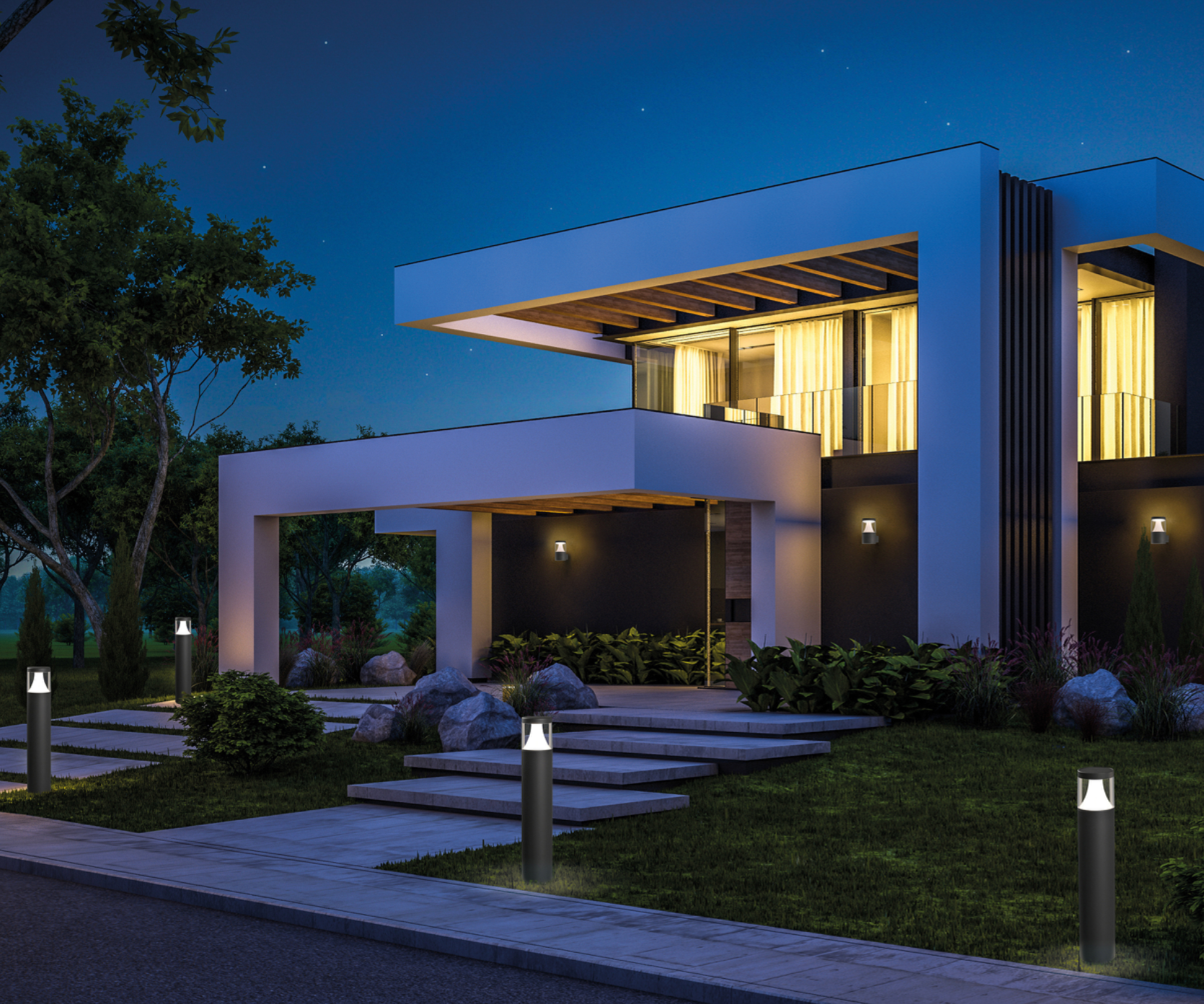 Borne solaire extérieure Brisk au design moderne, avec capteur de luminosité automatique, diffusant une lumière douce et autonome résistante aux intempéries IP65.