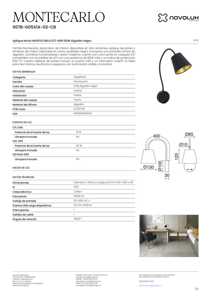 Lampe Murale Intérieure Port USB MONTECARLO