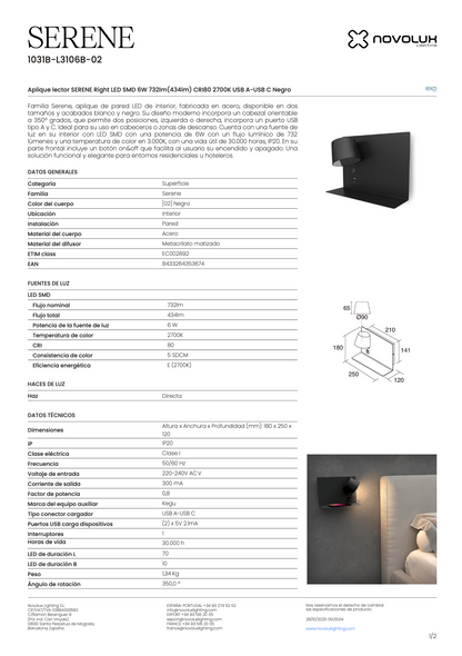 Lampe Murale Intérieure Port USB SERENE