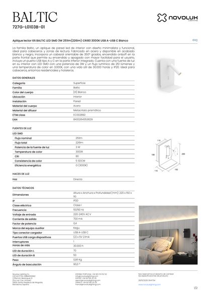 Lampe Murale Intérieure Port USB BALTIC