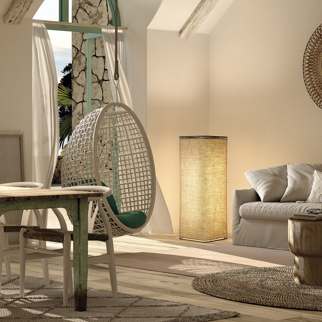 Lampadaire Akiro style japonais en acier noir avec abat-jour effet lin – lumière douce pour salon, chambre ou coin lecture.