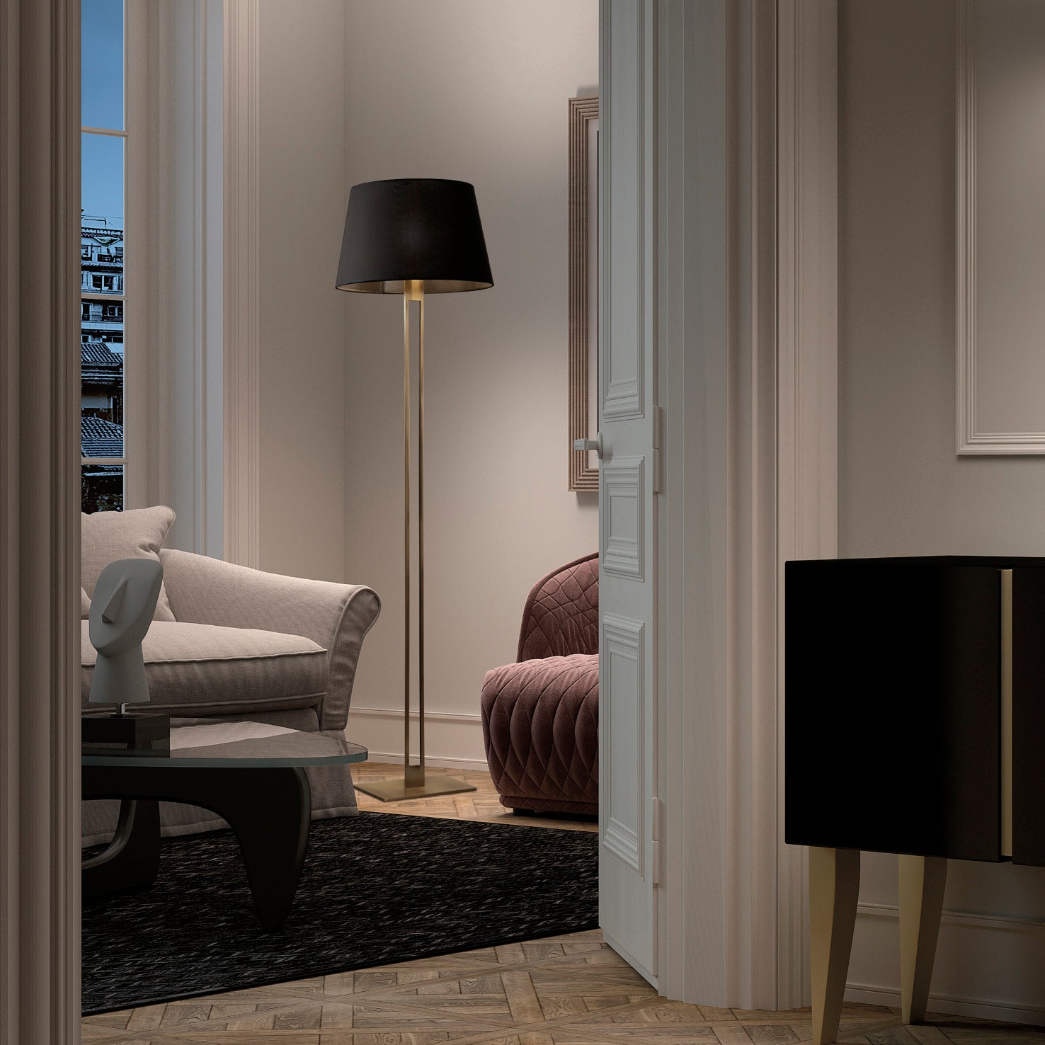 Lampadaire classique en acier nickel satiné ou doré avec abat-jour en coton – luminaire élégant et chaleureux pour salon ou chambre.