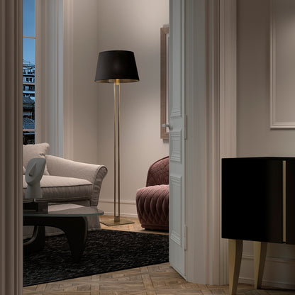 Lampadaire classique en acier nickel satiné ou doré avec abat-jour en coton – luminaire élégant et chaleureux pour salon ou chambre.