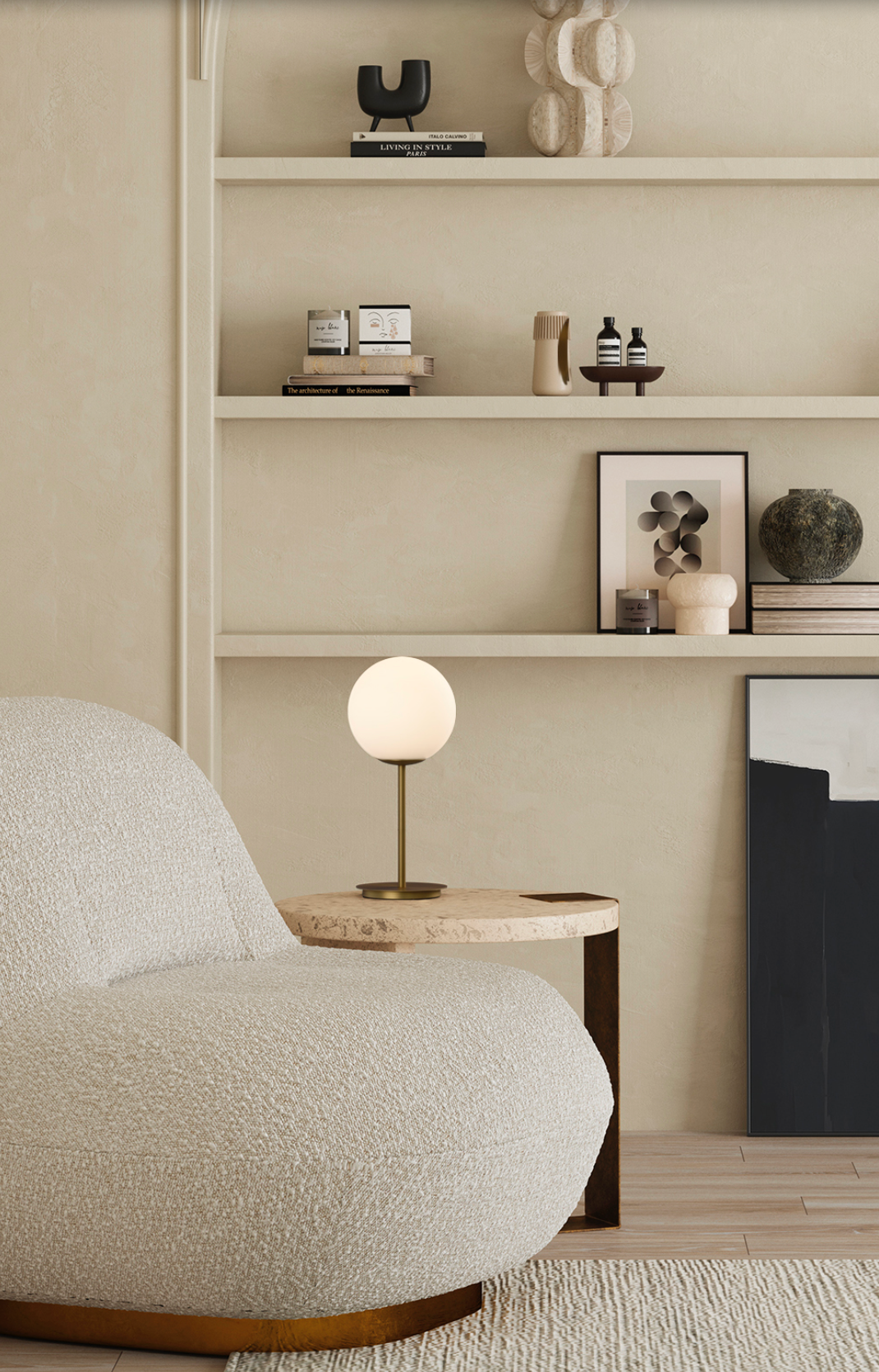 Lampe Parma au design minimaliste en opale et or mat, diffusant une lumière douce et apaisante idéale pour la lecture, le repos ou le travail.