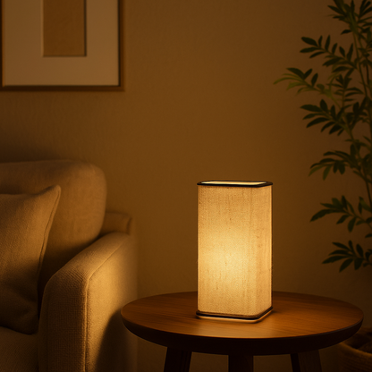 Lampe de table Akiro style japonais en acier noir et lin, lumière douce pour salon ou chambre.