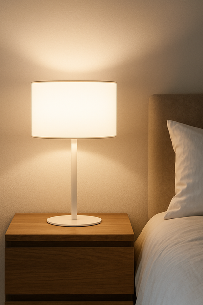 Lampe de table Amsterdam en acier nickel satiné avec abat-jour en tissu, design moderne et lumière chaleureuse pour salon ou chambre.