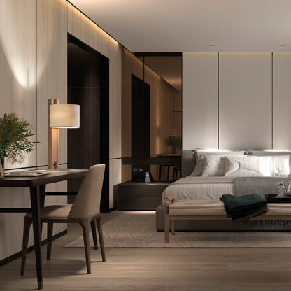 Lampe de table Compact en bois de hêtre avec abat-jour en coton – luminaire naturel et chaleureux pour salon, chambre ou coin lecture.