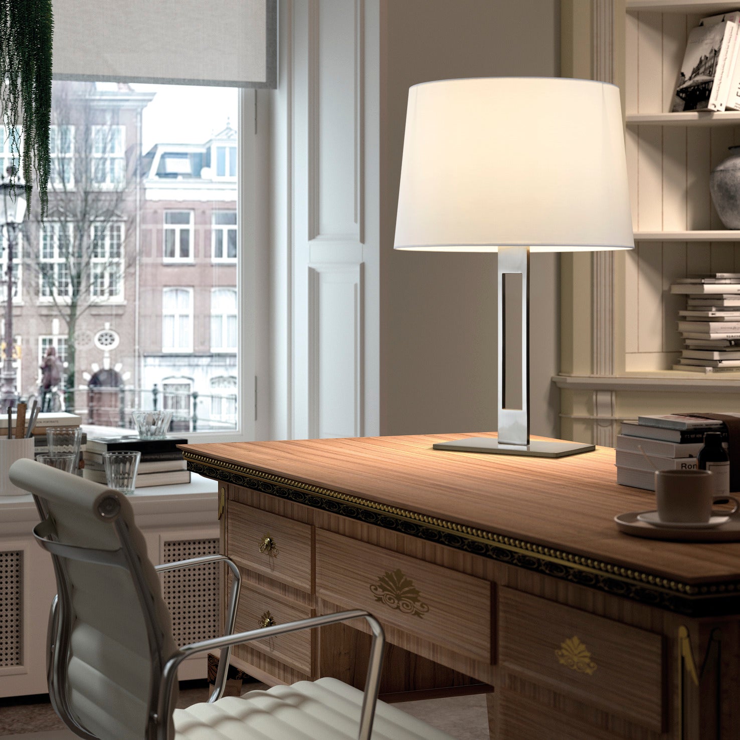 Lampe de table classique avec abat-jour en coton et base métallique – luminaire élégant diffusant une lumière douce pour salon ou chambre.