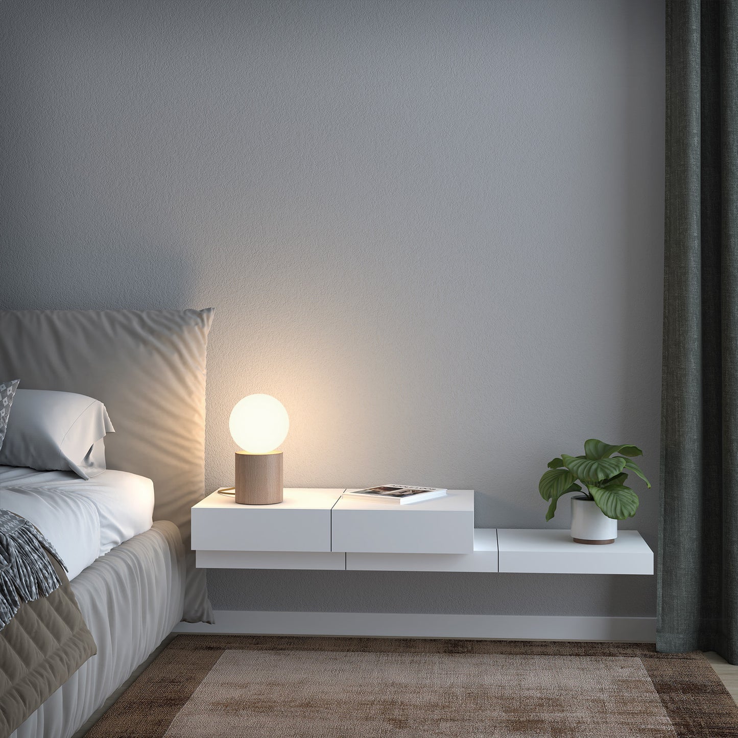 Lampe design Geometrical avec bois naturel et verre opalin, diffusant une lumière douce dans un intérieur moderne et chaleureux.