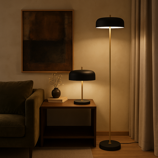 Lampe design Taichi noire et dorée au style zen et contemporain, diffusant une lumière douce idéale pour salon ou chambre moderne.