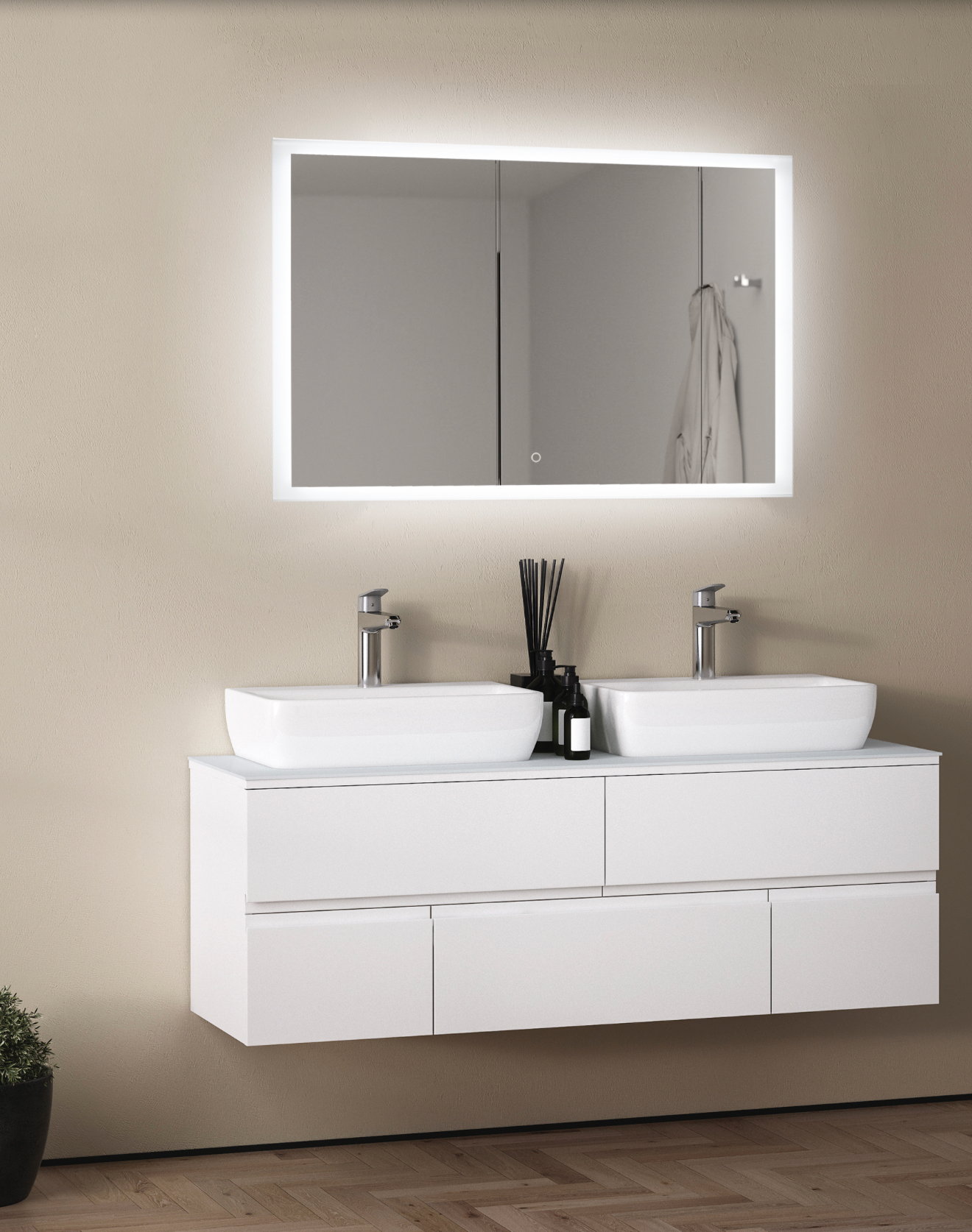 Miroir Amanzi avec éclairage LED intégré et interrupteur tactile, design épuré en finition blanche, offrant une lumière douce et naturelle pour la salle de bains.