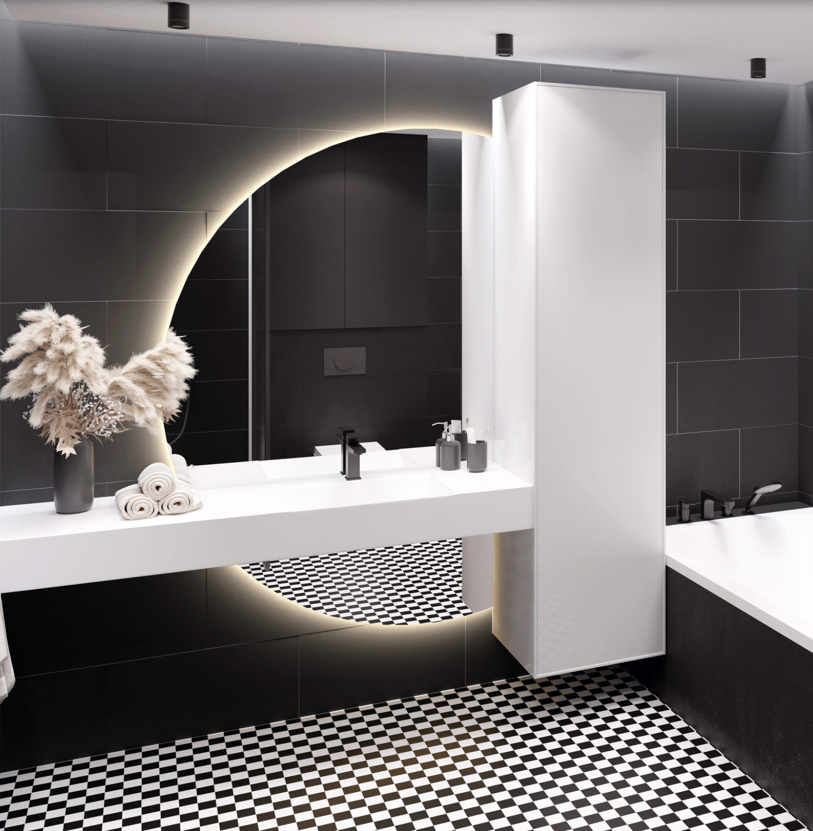 Miroir Bari en forme de demi-lune avec éclairage LED chaud, design raffiné et léger, diffusant une lumière douce et chaleureuse idéale pour la salle de bains ou la chambre.