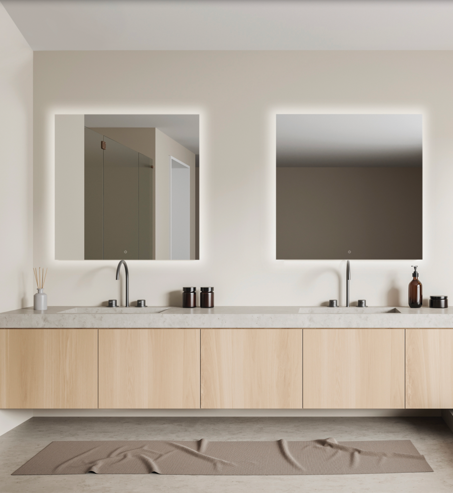 Miroir Estela avec éclairage LED intégré et allumage tactile, design moderne et élégant, diffusant une lumière douce idéale pour sublimer la salle de bains.