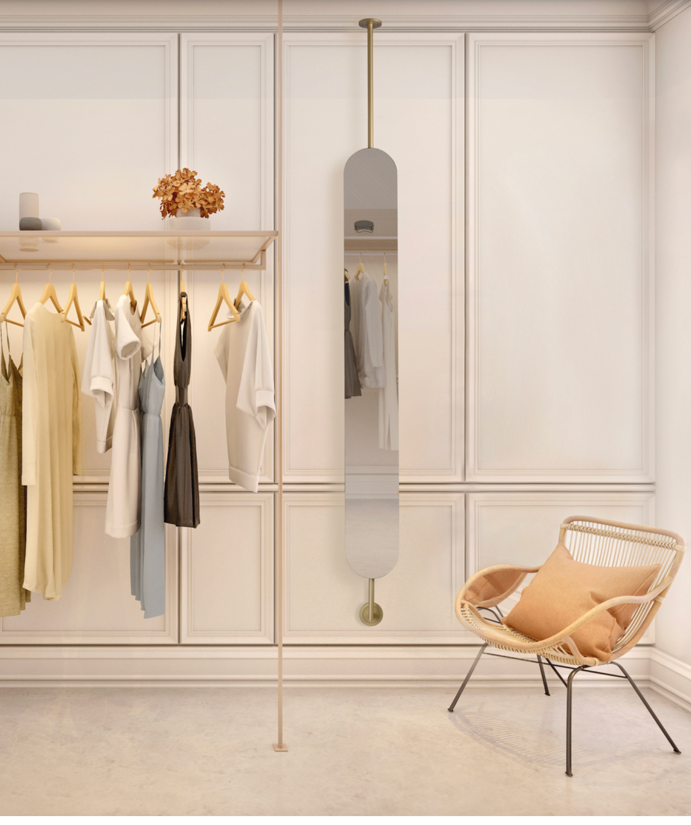 Miroir Estela vertical au cadre doré en métal et verre, design moderne et épuré, ajoutant profondeur, luminosité et élégance à tout intérieur.