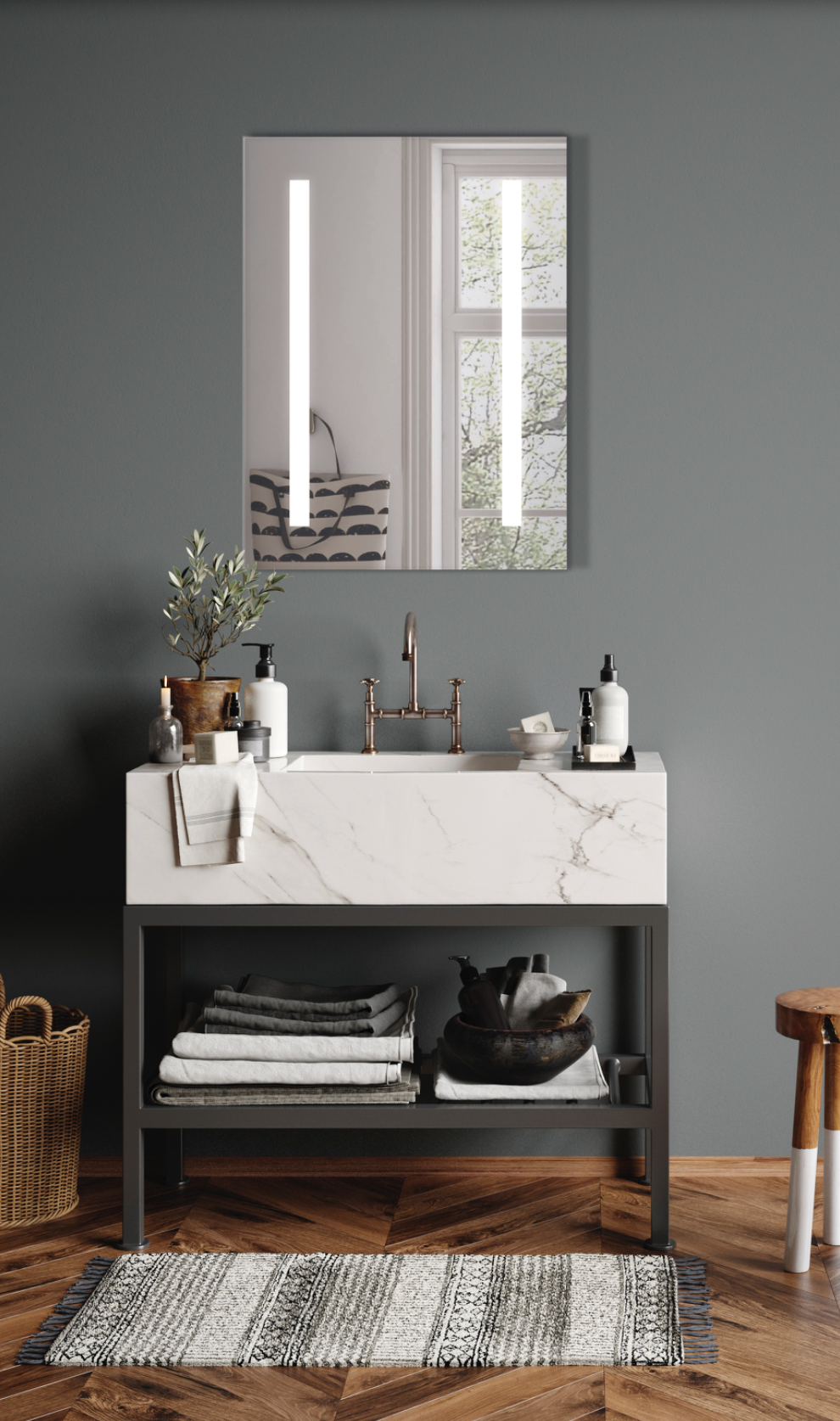 Miroir Jour avec éclairage LED intégré, design moderne en finition blanche, diffusant une lumière douce et homogène résistante à l’humidité, idéal pour la salle de bains.