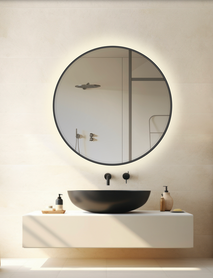 Miroir Olbia rond avec éclairage LED intégré et bordure noire, design contemporain et élégant, diffusant une lumière douce idéale pour la salle de bains.